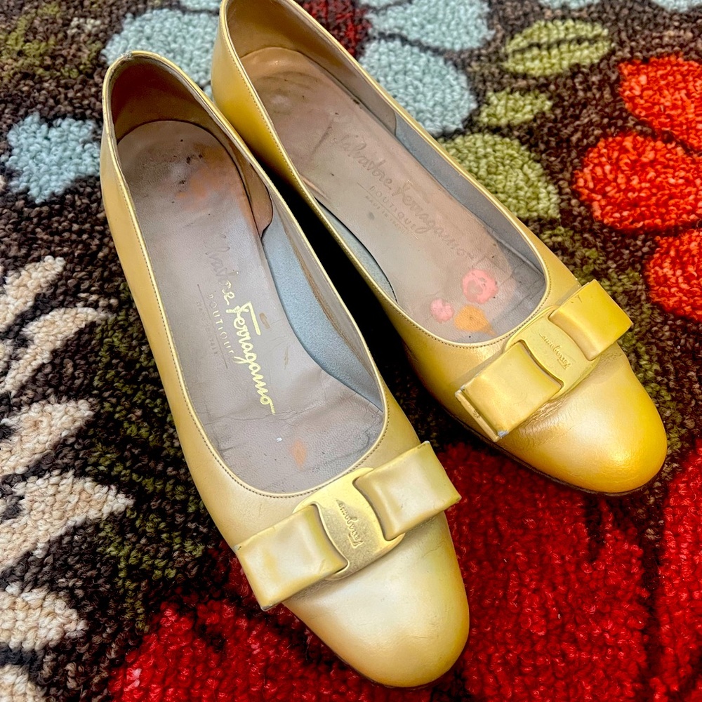 Salvatore Ferragamo gold metallic SZ 7.5 narrow. Newly resoled